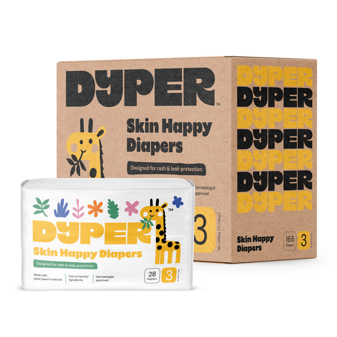 A box of DYPER Skin Happy Diapers One Month Supply features colorful leaf and animal designs with a giraffe. It contains 168 eco-friendly, certified bamboo, high-absorbency diapers in size 3, offering rash and leak protection.