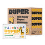 A box of DYPER Skin Happy Diapers One Month Supply features colorful leaf and animal designs with a giraffe. It contains 168 eco-friendly, certified bamboo, high-absorbency diapers in size 3, offering rash and leak protection.