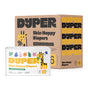 A box and pack of DYPER Skin Happy Diapers One Month Supply—high-absorbency bamboo diapers in size 6 (108 count). Features eco-friendly brown and white packaging with a yellow giraffe, plant designs, and bold branding.