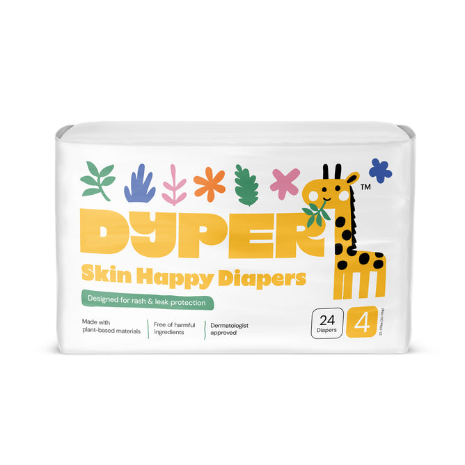 A 24-pack of DYPER Skin Happy Baby Diapers (size 4) offers gentle, high-absorbency protection with certified bamboo layers. Dermatologist approved and eco-friendly, the diapers feature colorful flowers and a cartoon giraffe on the packaging.