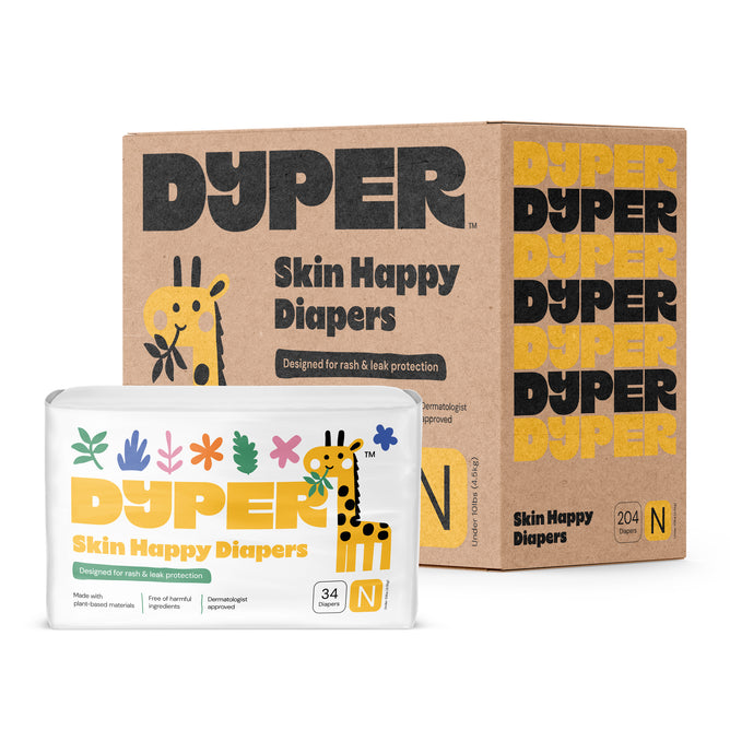 The DYPER Skin Happy Diapers One Month Supply includes a box of 204 and a pack of 34 high-absorbency, rash- and leak-protective diapers with certified bamboo layers, playful animal/plant prints, and bold branding.