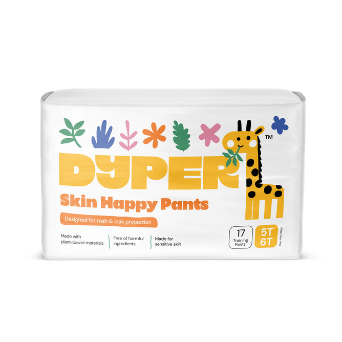 A pack of DYPER Simply Kind Training Pants, size 5T/6T (17 count), features bamboo viscose, plant graphics, a cartoon giraffe, OEKO-TEX certified safety, and highlights rash and leak protection for all-day and overnight toddler comfort.
