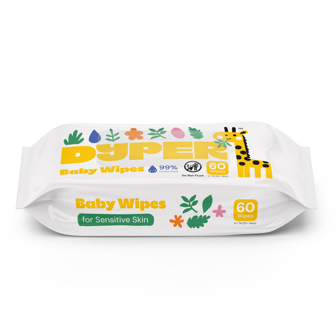 DYPER Baby Wipes for Sensitive Skin come in a 60-wipe pack with white packaging featuring colorful flowers and a giraffe. Made with 99% water, these hypoallergenic wipes are gentle for delicate, sensitive skin.