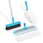 The E-Cloth Easy-Click Home Cleaning Set features blue and white tools for multi-surface cleaning—a broom, fluffy duster, flat mop with reusable pads, plus an extra pad—all neatly displayed on a white background.