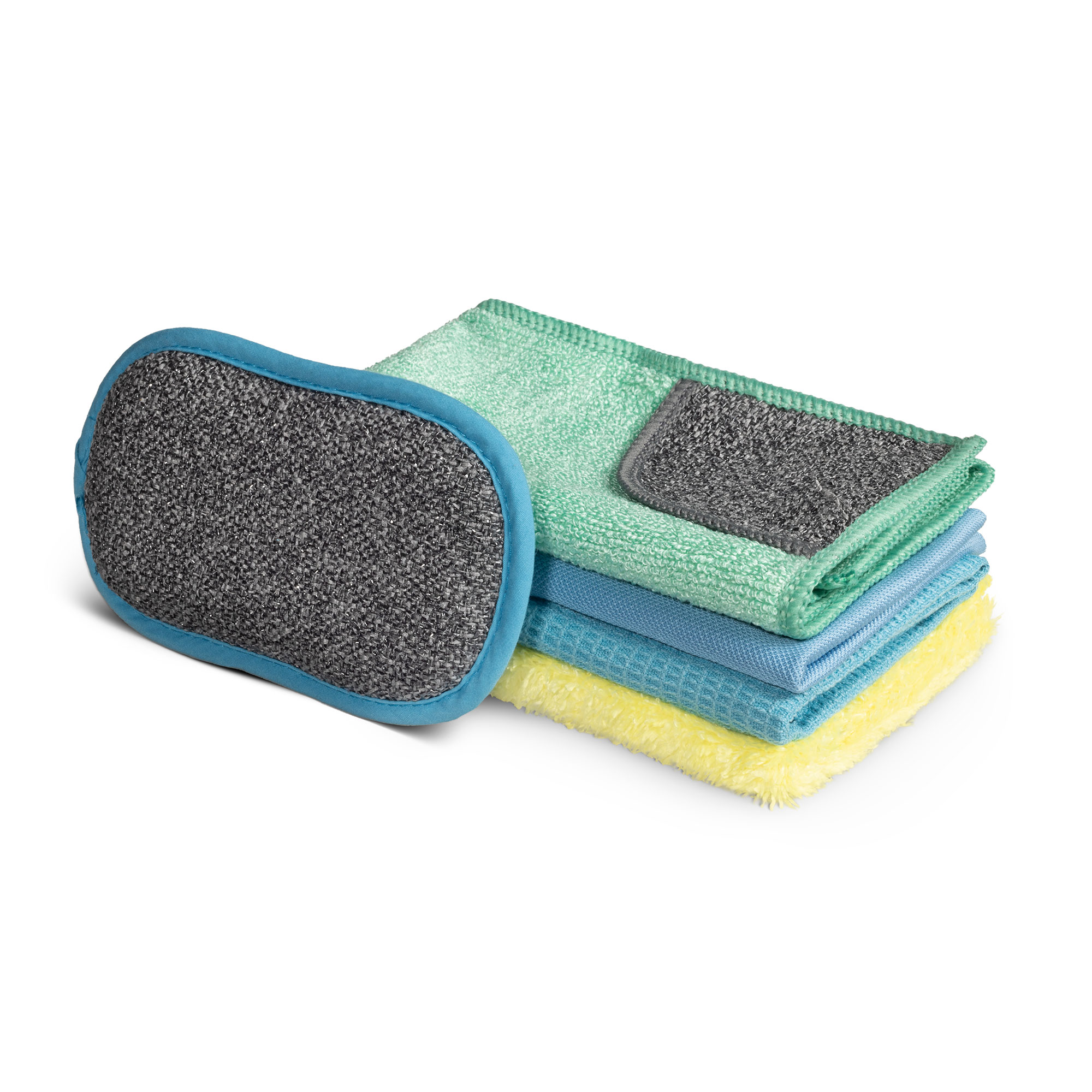 The E-Cloth Essential 5-Piece Starter Pack includes a variety of cloths for streak-free shine and a scrubbing sponge with a gray scrubbing surface and blue border, featuring green microfiber, blue, and yellow cloths for effective cleaning.