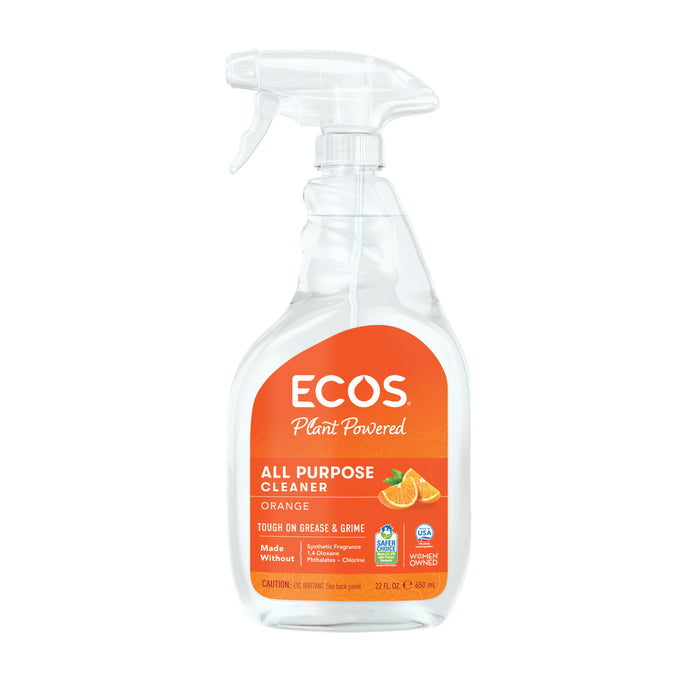 A clear spray bottle of ECOS All Purpose Cleaner with an orange-scented label featuring an orange illustration and a list of product certifications.