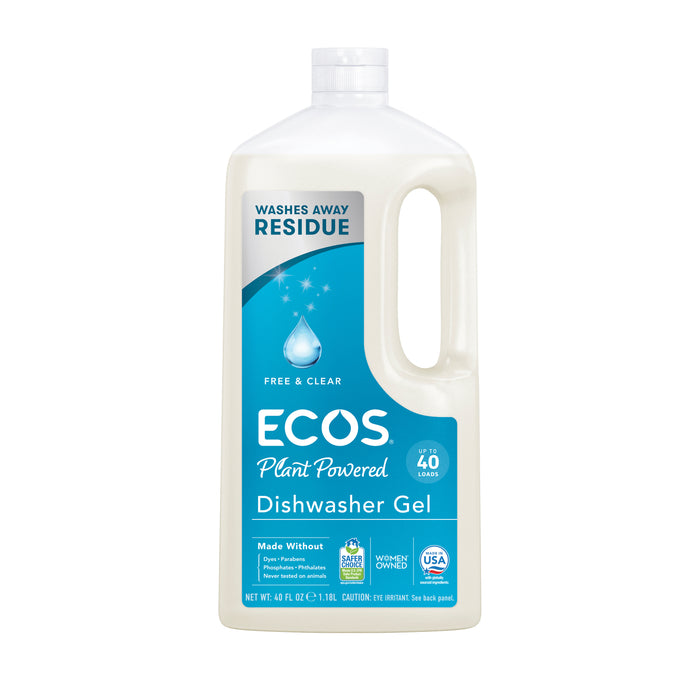 Large ECOS Dishwasher Gel plastic bottle with a handle, featuring a label that highlights the plant-derived cleaners, that it is free and clear, and good for 40 loads.