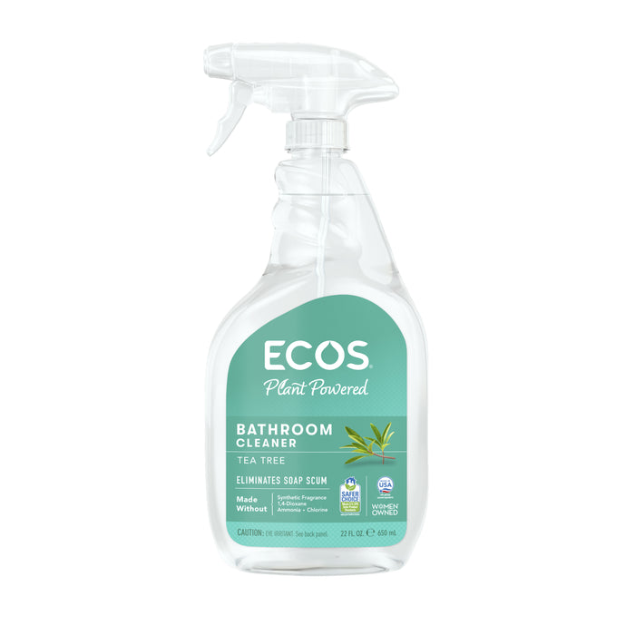 A clear plastic spray bottle of ECOS Bathroom Cleaner with a light green label featuring tea tree leaves and text describing the product’s plant-powered formula.