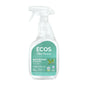 A clear plastic spray bottle of ECOS Bathroom Cleaner with a light green label featuring tea tree leaves and text describing the product’s plant-powered formula.