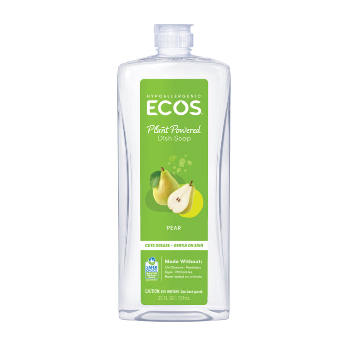 Clear bottle of ECOS Dish Soap Liquid with a gentle, pear-scented green label featuring an illustration of pears.