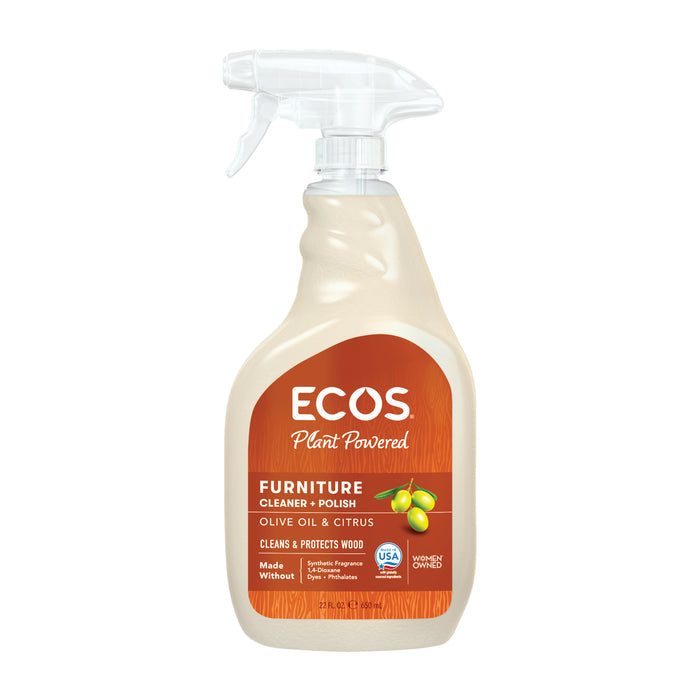 Spray bottle of ECOS Furniture Polish featuring citrus imagery and a list of ingredients it is made without.