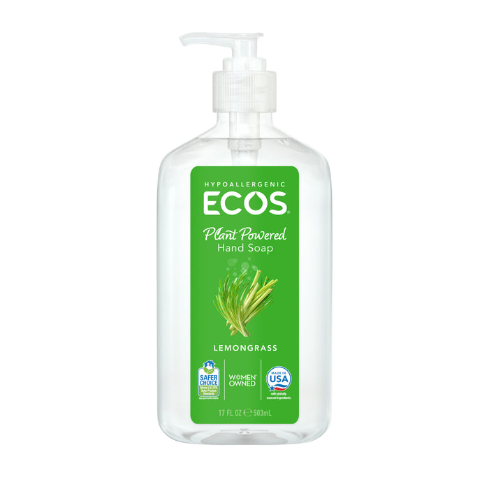 Clear plastic pump bottle of ECOS Hand Soap Liquid, a lemongrass-scented soap with a green label.