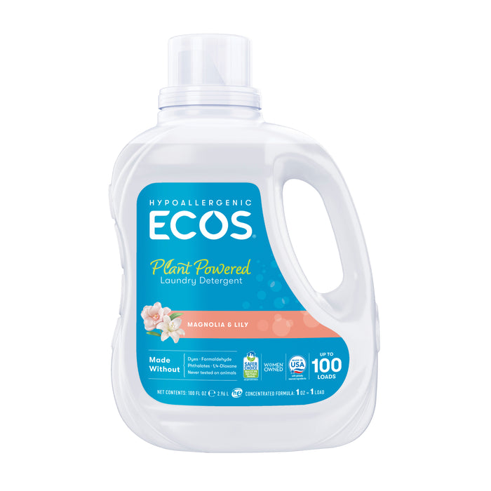 Clear plastic jug of ECOS Liquid Laundry Detergent with a blue label featuring magnolia and lily flowers, indicating it is plant-powered and good for up to 100 loads.