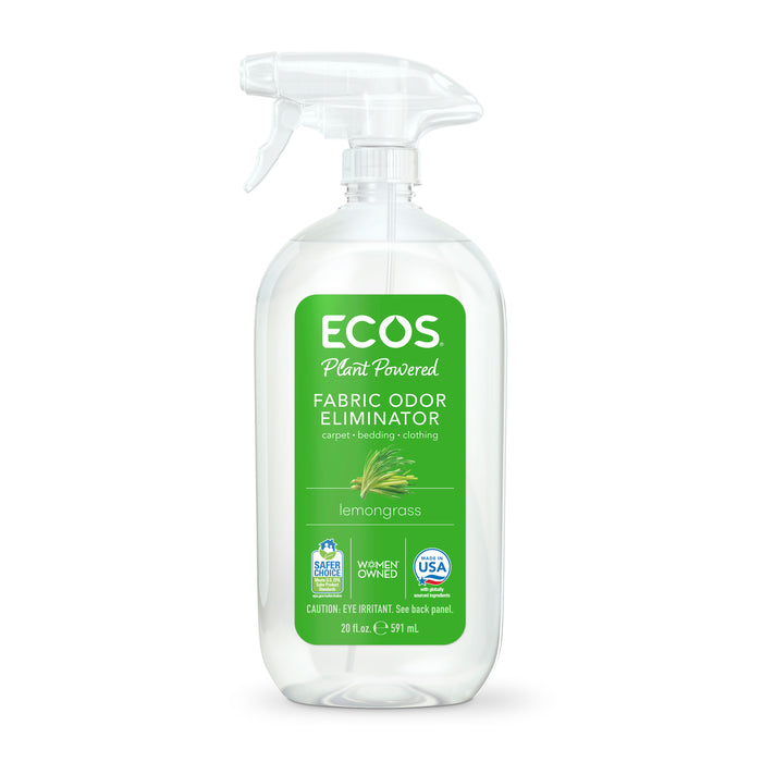 Clear plastic spray bottle of ECOS Fabric Odor Eliminator with a green label featuring an illustration of lemongrass.
