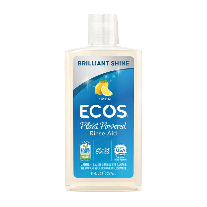 A clear bottle of ECOS Dishwasher Rinse Aid Lemon with a blue label featuring a yellow lemon graphic, lemon oil accents, and various certification logos.