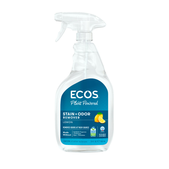 Clear spray bottle of ECOS Stain and Odor Remover with a lemon-scented, plant-powered formula and a blue label.