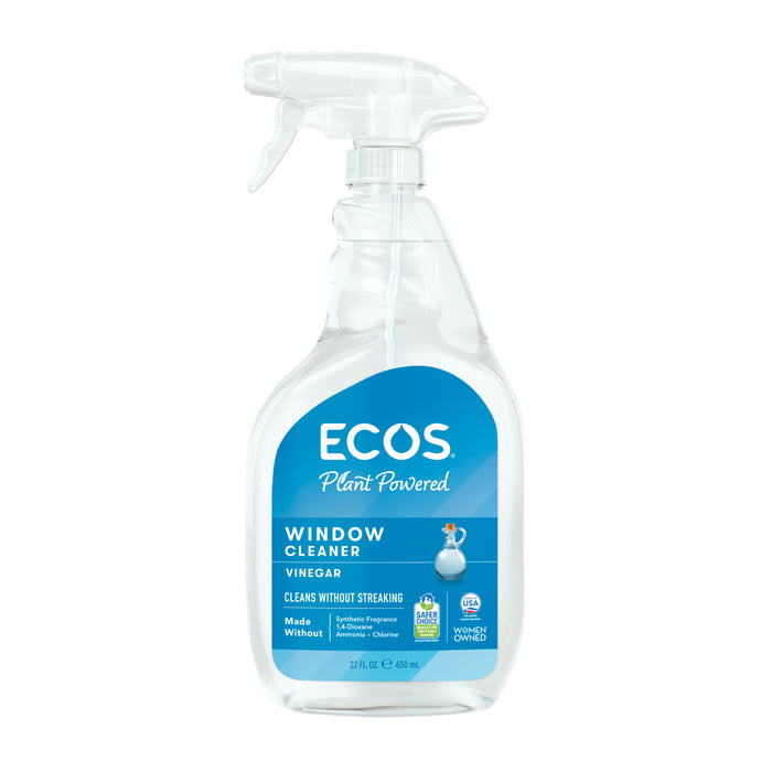 Clear plastic spray bottle of ECOS Window Cleaner Vinegar with a blue label.