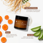 A jar of Anti-Aging Retinol Eye Cream for Sensitive Skin by Tree To Tub is surrounded by carrot slices, ginseng root, and aloe vera, highlighting its benefits for dark circles with green tea and retinol.