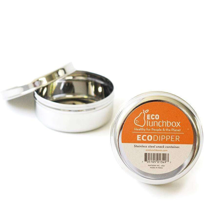 The EcoLunchBox ECOdipper Stainless Steel Snack Container is shown, with one plastic-free container closed to display the label and another open to reveal its shiny stainless steel interior.
