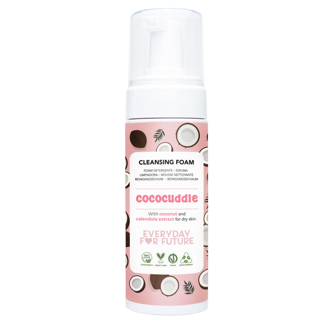 A bottle of Moisturizing Cleansing Foam by Everyday For Future, with a pink label and coconut illustrations, features coconut and calendula extract—an organic face cleanser that's gentle on sensitive and dry skin.
