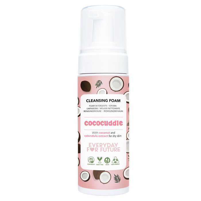 A bottle of Moisturizing Cleansing Foam by Everyday For Future, with a pink label and coconut illustrations, features coconut and calendula extract—an organic face cleanser that's gentle on sensitive and dry skin.