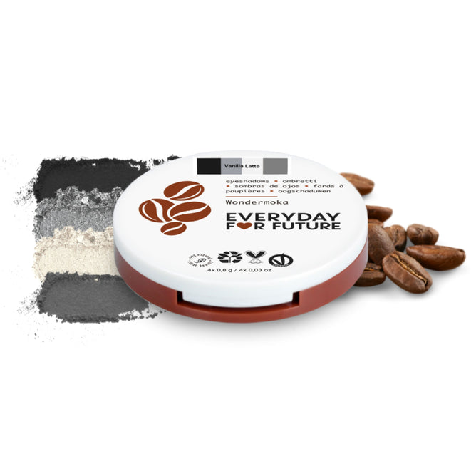 The Everyday For Future Coffee Oil Infused Pigmented Eyeshadow Palette, a round quad with a coffee bean design, is shown beside coffee beans and three bold swatches in black, gray, and beige for a clean beauty look.