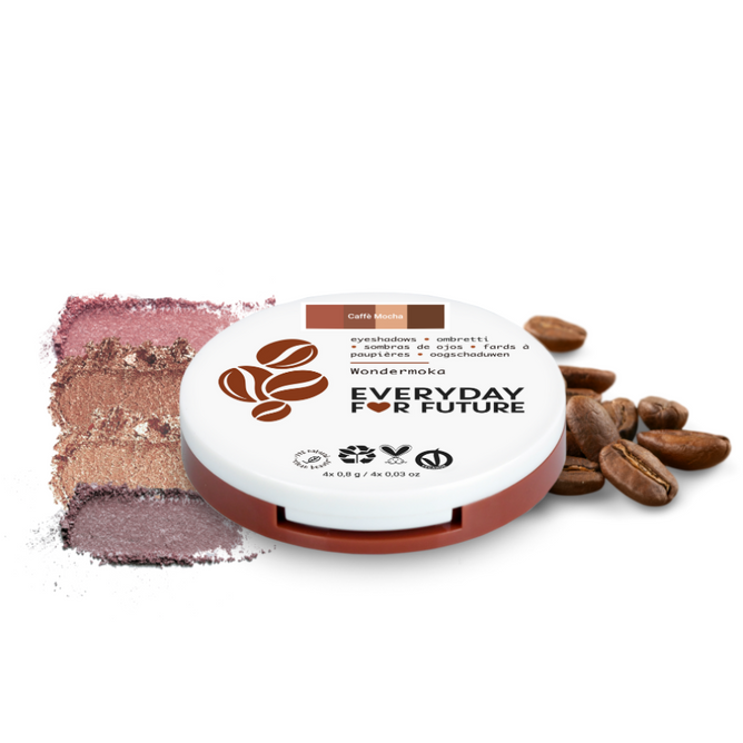 The Coffee Oil Infused Pigmented Eyeshadow Palette by Everyday For Future is a round quad compact with a coffee bean design, featuring crushed brown and pink shades made from natural ingredients for a clean beauty look.