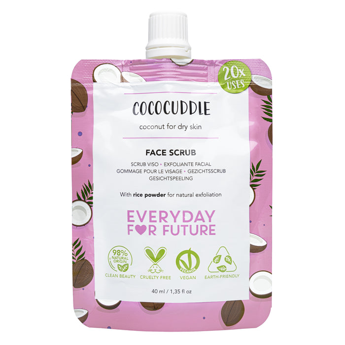 A pink pouch labeled Everyday For Future Moisturizing Coconut Face Scrub for dry skin with coconut images. This vegan, earth-friendly scrub is suitable for up to 20 uses.