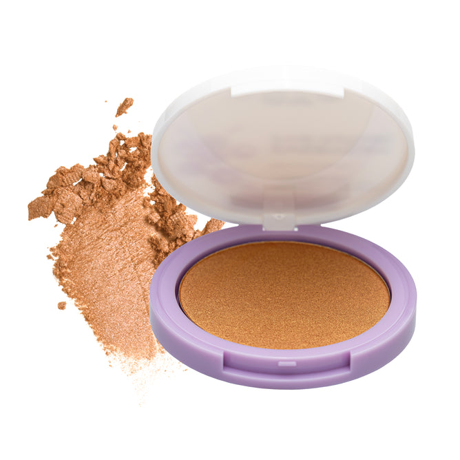 The Everyday For Future Nourishing Blueberry Infused Highlighter, in a compact with a purple rim and white lid, sits beside a smudged swatch—ideal for adding a natural, radiant glow on a white background.