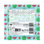 A square sachet with a watermelon pattern background shows product info for the vegan Everyday For Future Mini Face Mask - Sample in several languages, highlighting hydration benefits, key ingredients, certifications, barcode, and recycling symbols.