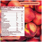 The 8Greens 10 Day Trial Kit - Gummies + Tablets features a nutrition label for peach gummies showing supplement facts, ingredients, and a serving of 12.5 calories per gummy. Each container provides 30 servings, displayed over whole peaches.