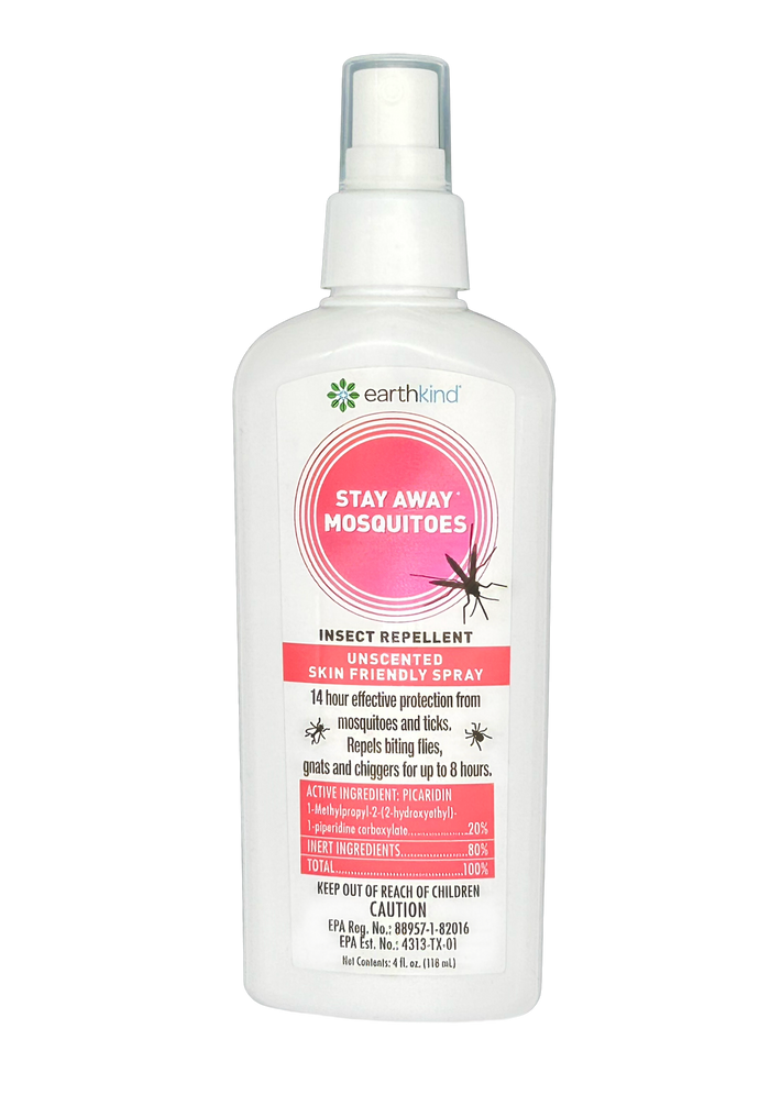 A white spray bottle of Earthkind Stay Away® Mosquitoes Insect Repellent offers up to 14-hour odorless protection, using picaridin as the active ingredient to defend against mosquitoes and ticks.