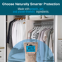 A closet with neatly hung clothes. In the foreground, a bag labeled “Fresh Cab® Moth Deterrent” by Earthkind is highlighted. Text above reads: Choose naturally smarter, botanical protection safe for people, pets, and the planet.