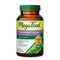 A brown bottle of MegaFood Magnesium 300 mg Capsules with a green and purple label, featuring benefits for muscle, heart, sleep, and stress support. This triple magnesium complex, including magnesium glycinate, is formulated for optimal absorption—Absorbs Like Food.