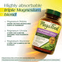 A bottle of MegaFood Magnesium 300 mg Capsules is displayed on a yellow-green gradient background, featuring text that showcases its triple magnesium complex—malate, citrate, and glycinate—and explains their absorption and health benefits.
