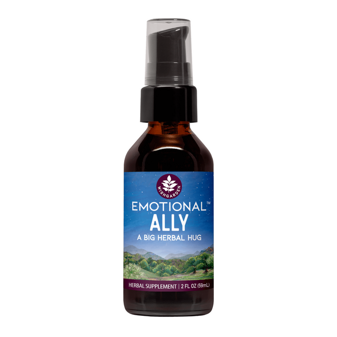 A 2 fl oz (59 mL) brown glass spray bottle of WishGarden Herbs’ Emotional Ally herbal supplement, with a nature-inspired blue label and black pump top, offers calming herbs for gentle stress relief.