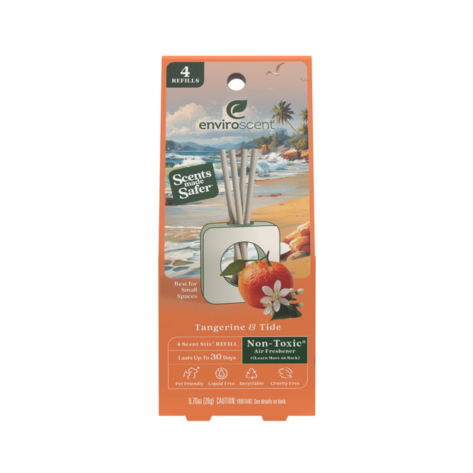 Front of an Enviroscent Stix Diffuser Air Freshener Refill package in the “Tangerine & Tide” scent. The packaging displays an image of reeds in a jar, a fresh orange, and ocean waves, with highlights including “4 Scent Stix refills” and “Non-Toxic Air Freshener.” Enjoy the revitalizing aroma from this Enviroscent air freshener refill designed for your well-being.