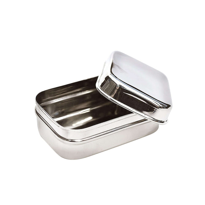 The EcoLunchBox ECOlunchpod is a rectangular stainless steel snack container with a matching lid, shown slightly open to reveal the empty interior—an ideal eco-friendly choice for your plastic-free lifestyle.
