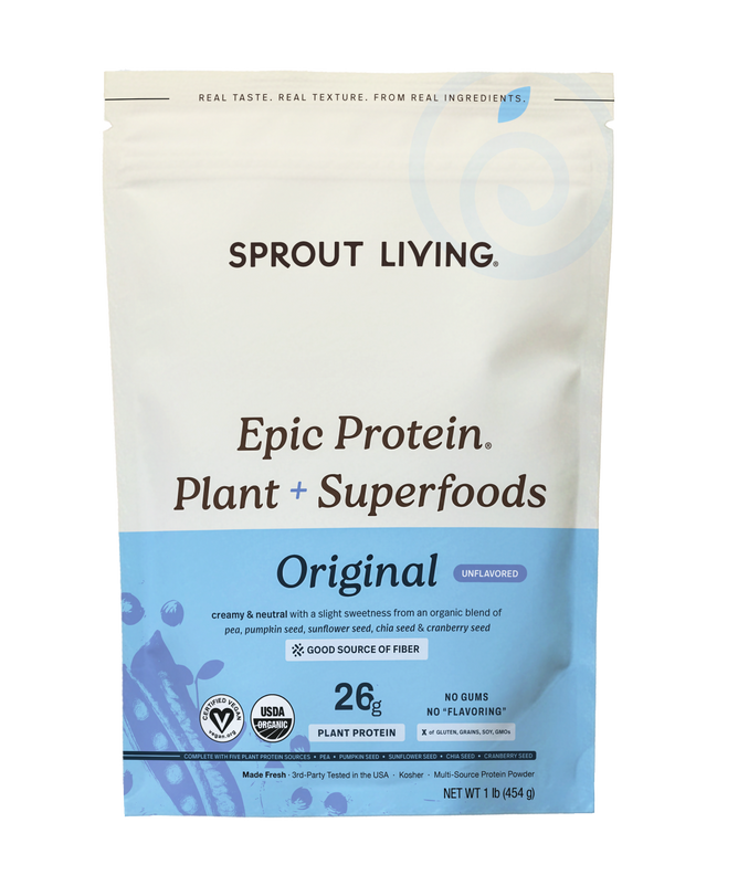 A bag of Sprout Living Organic Plant Protein Powder + Superfoods in the Original (Unflavored) variety, featuring a blue and white design with various nutrition and certification icons on the front. This clean, organic plant protein blend is ideal for anyone looking for a high-quality vegan protein powder with no added flavors or sweeteners.
