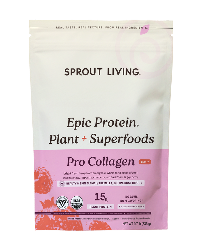 A bag of Sprout Living Epic Protein : Pro Collagen in berry flavor, delivering 15g of plant protein per serving with added biotin for collagen support, and certified vegan, USDA organic, and non-GMO.