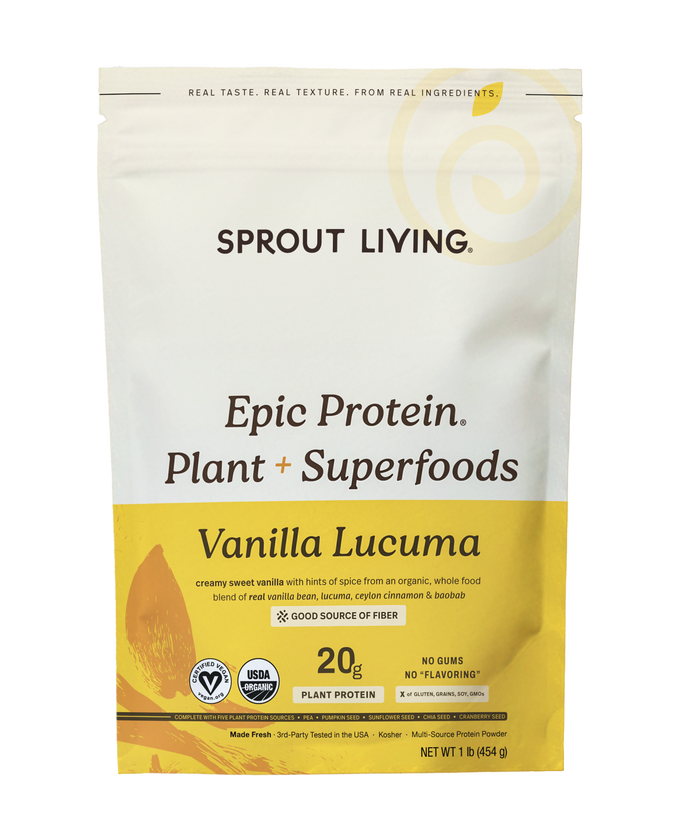 A beige bag of Sprout Living Organic Plant Protein Powder + Superfoods in Vanilla Lucuma flavor, displaying nutritional information, certifications, and key product highlights on the front. This organic plant-based protein powder is a delicious vegan option ideal for supporting a healthy lifestyle.