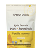 A beige bag of Sprout Living Organic Plant Protein Powder + Superfoods in Vanilla Lucuma flavor, displaying nutritional information, certifications, and key product highlights on the front. This organic plant-based protein powder is a delicious vegan option ideal for supporting a healthy lifestyle.