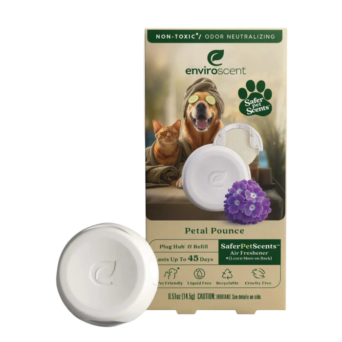 Round white Enviroscent Plug-in Pet Air Freshener Starter Set - Odor Neutralizer refill positioned in front of its product packaging, which features a dog and cat relaxing and a purple flower.