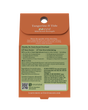 Back of an orange Plug-in Air Freshener Refill package labeled Tangerine & Tide from Enviroscent, showcasing this non-toxic air freshener made with safe ingredients and a gentle scent. Featuring an essential oil formula, it provides a refreshing fragrance without harsh chemicals. Instructions and allergy information are printed below, with a QR code and website at the bottom.