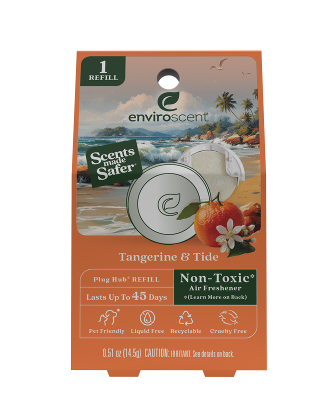 Refresh your space with the Enviroscent Plug-in Air Freshener Refill in Tangerine & Tide scent. Featuring vibrant ocean and beach imagery, this non-toxic, liquid-free refill is pet friendly, cruelty free, and recyclable. Enjoy up to 45 days of essential oil freshness that keeps your home inviting.