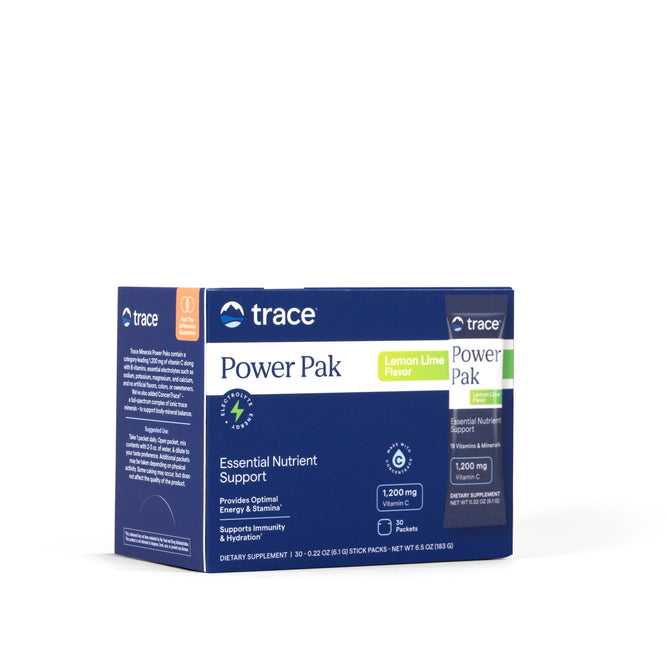 A box of Trace Minerals Power Pak, an electrolyte drink with 1,200 mg vitamin C, hydration benefits, and immune support. The packaging features blue and green accents.