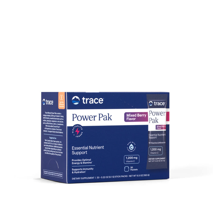 A box of Trace Minerals Power Pak electrolyte drink in Mixed Berry flavor, with blue and purple packaging, supports immunity and provides 1,200 mg vitamin C per serving. Product details are displayed on the front.