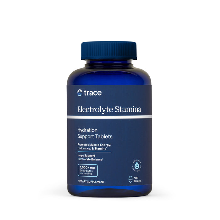 A blue bottle of Trace Minerals Electrolyte Stamina Tablets contains 300 tablets for hydration, supporting sports performance, muscle energy, endurance, less cramping, and over 3,000mg electrolytes per serving.