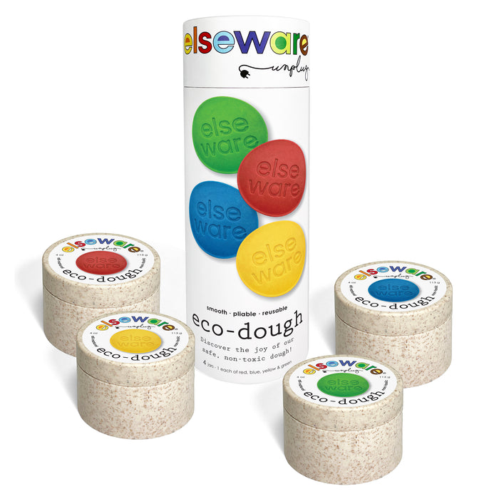 Elseware Unplug’s Eco-Dough - Ages 3+ features four eco-dough containers with red, green, blue, and yellow lids in a tall tube. Enjoy sustainable, non-toxic creative play for kids.