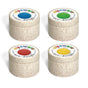 Four round beige containers of Elseware Unplug’s Eco-Dough – Ages 3+ are arranged in a grid, each with a green, blue, red, or yellow lid and label. The natural, non-toxic play dough offers sustainable creative fun for kids.